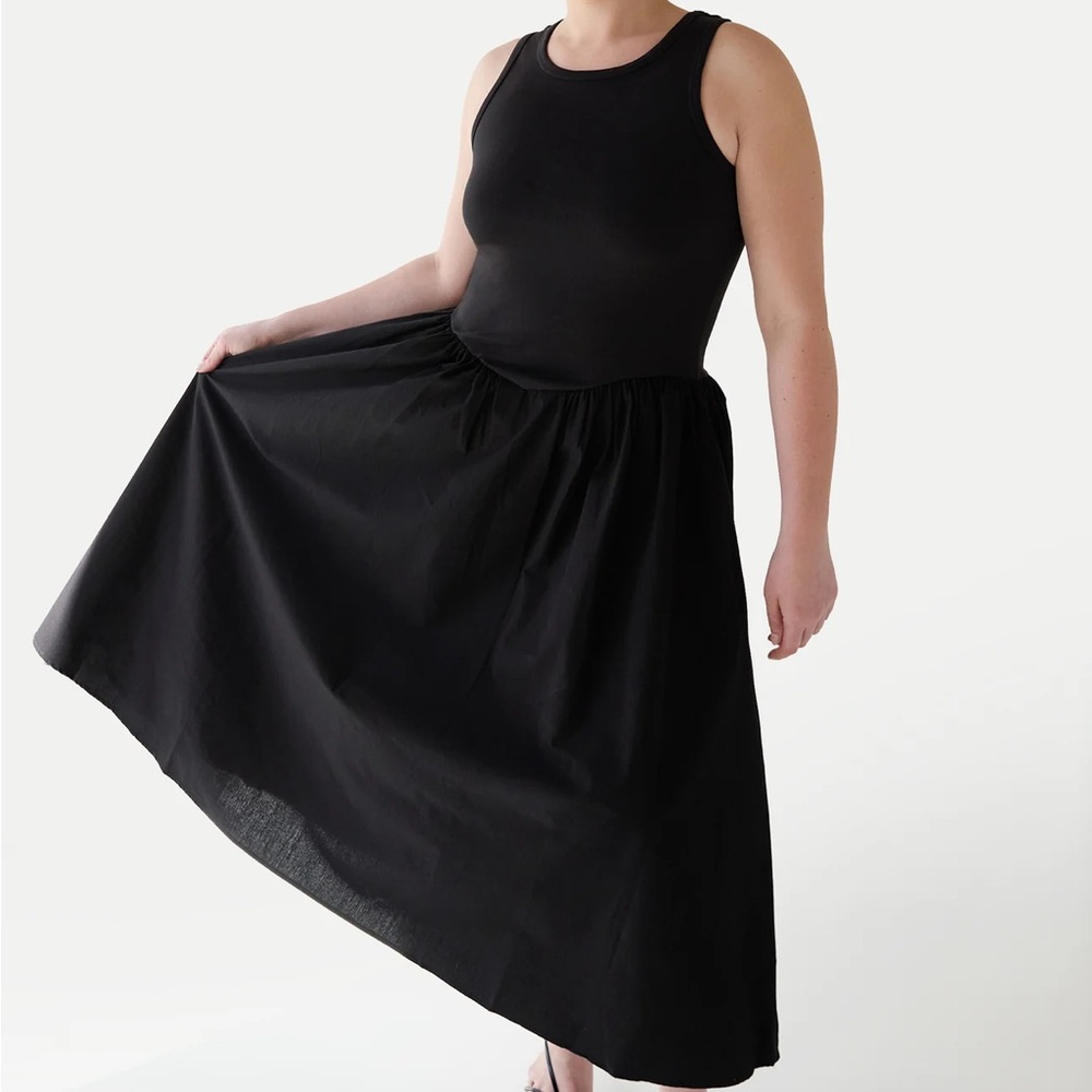 OAK + FORT Poplin Rib-Knit Waist Midi Dress